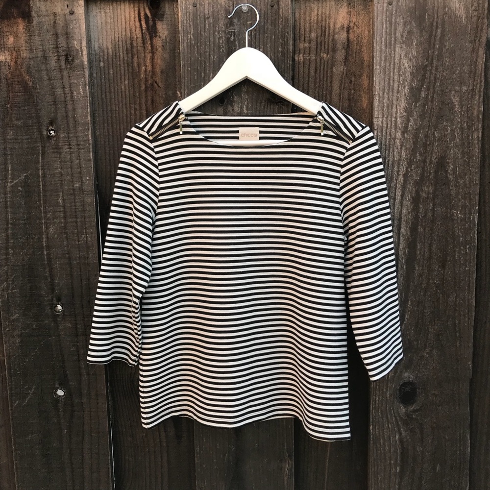 Chico’s Striped ¾-Sleeves Shoulder Zipper Top S